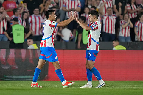 2026 FIFA World Cup Qualifying, Brazil vs Paraguay: Paraguay's Diego Gomez, left, celebrates with Damian Bobadilla after scoring his side's opening goal 